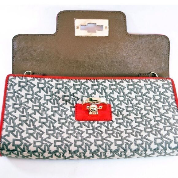 𝅺DKNY Red Monogram Clutch Shoulder Bag Purse - Picture 5 of 7